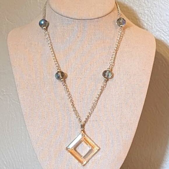 Cut Out Diamond Shape Pendant with Blue AB Crystal Beads on Silver Tone Necklace - Picture 1 of 10